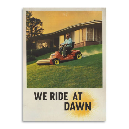 Impish Greetings We Ride At Dawn Father's Day card featuring a vintage illustration of a man on a lawn mower.
