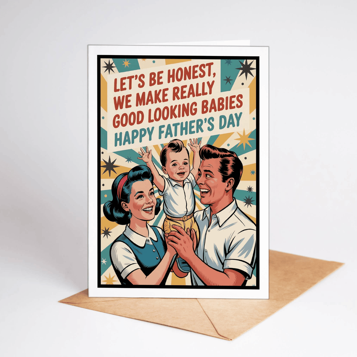 Impish Greetings Father's Day card featuring retro illustration of a happy family with text about good looking babies.