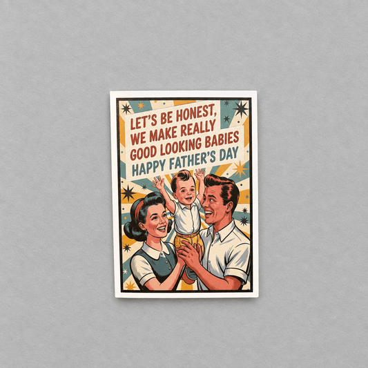Impish Greetings Father's Day card featuring vintage-style illustration of a happy family with funny text