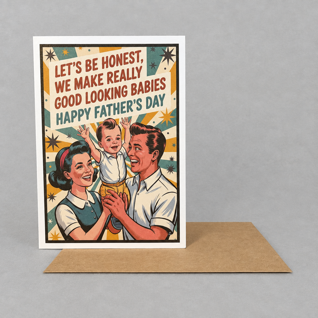 Impish Greetings Father's Day card featuring retro illustration of a happy family and funny text on heavy cardstock.