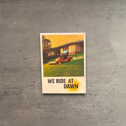 Impish Greetings We Ride At Dawn Father's Day card featuring a vintage illustration of a man mowing a lawn.