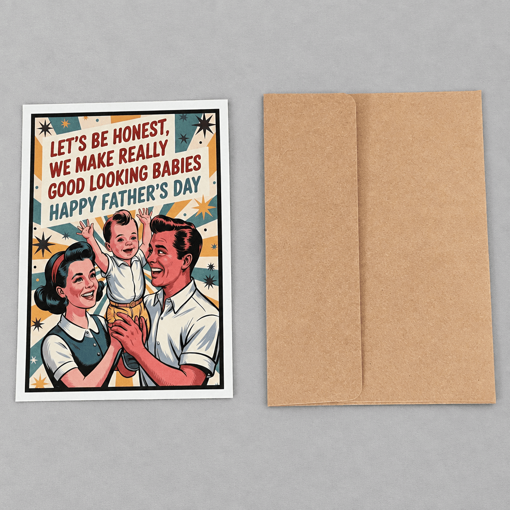 Impish Greetings Father's Day card featuring retro illustration of a happy family with text about good looking babies.