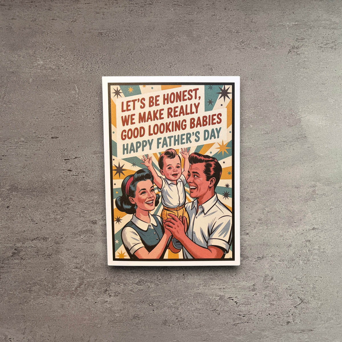 Impish Greetings Father's Day card featuring vintage-style illustration of a happy family with text about good genes.