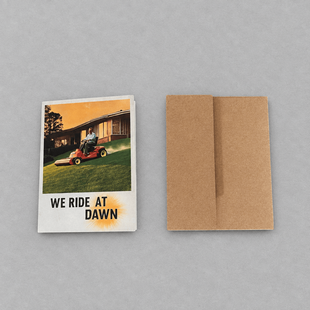 Impish Greetings We Ride At Dawn Father's Day card with vintage lawn mower illustration and matching kraft envelope