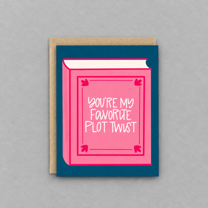 Impish Greetings Valentine's Day card featuring a pink book illustration with the text You're My Favorite Plot Twist