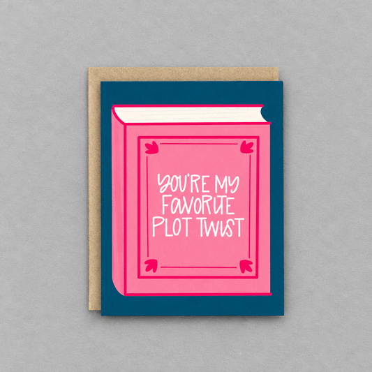 Impish Greetings Valentine's Day card featuring a pink book illustration with the text You're My Favorite Plot Twist