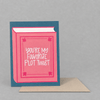 Impish Greetings Favorite Plot Twist Valentine card featuring a pink book illustration on a blue background