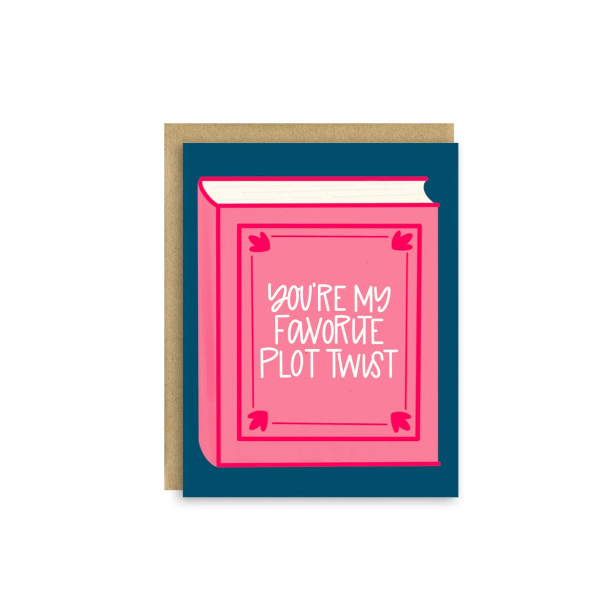 Impish Greetings Favorite Plot Twist Valentine's Day card featuring a pink book illustration on a dark blue background