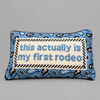 Impish Greetings First Rodeo needlepoint pillow with blue paisley pattern and witty text on a cream background.