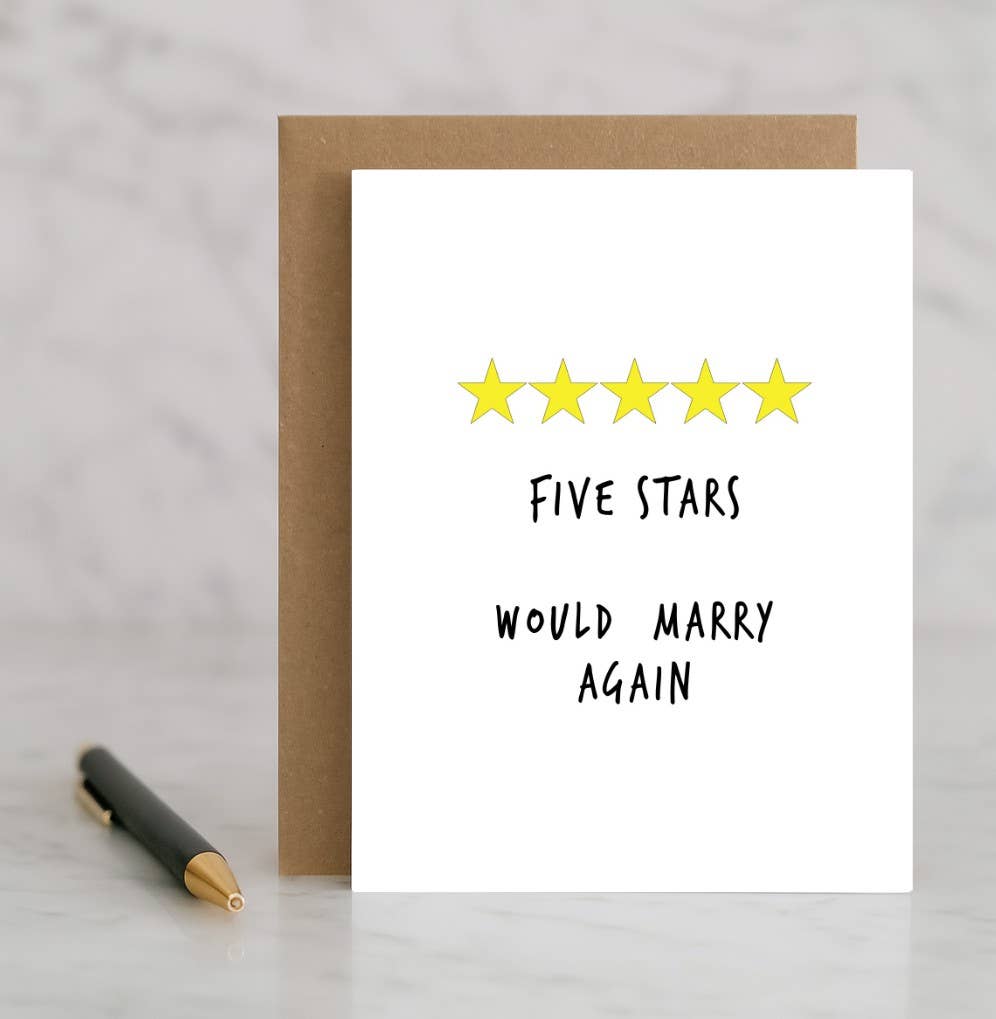 Impish Greetings anniversary card with five yellow stars and the text Five Stars Would Marry Again on white cardstock.