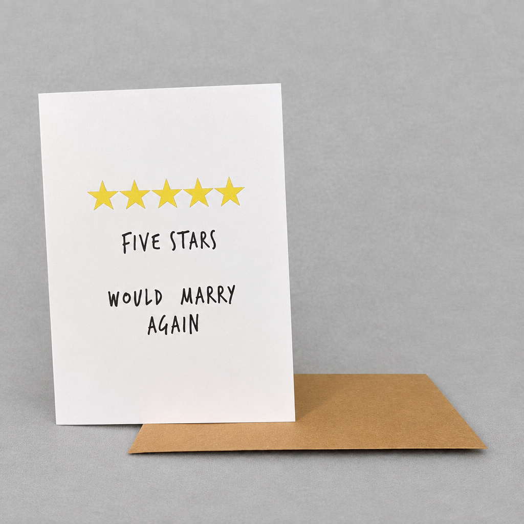 Impish Greetings anniversary card with five yellow stars and the text Five Stars Would Marry Again on white cardstock