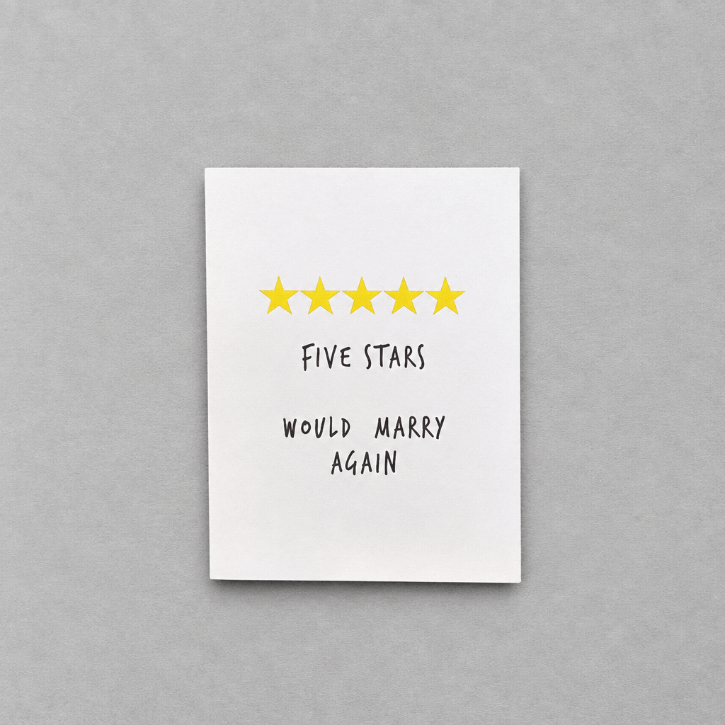 Impish Greetings anniversary card with five yellow stars and the text Five Stars Would Marry Again on white cardstock