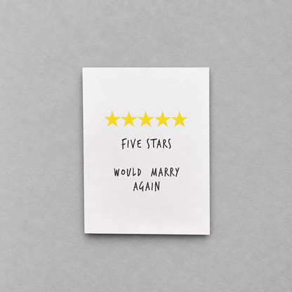 Impish Greetings anniversary card with five yellow stars and the text Five Stars Would Marry Again on white cardstock