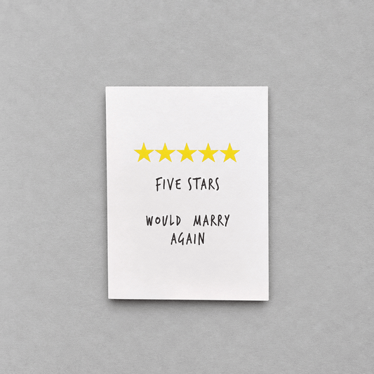 Impish Greetings anniversary card with five yellow stars and the text Five Stars Would Marry Again on white cardstock
