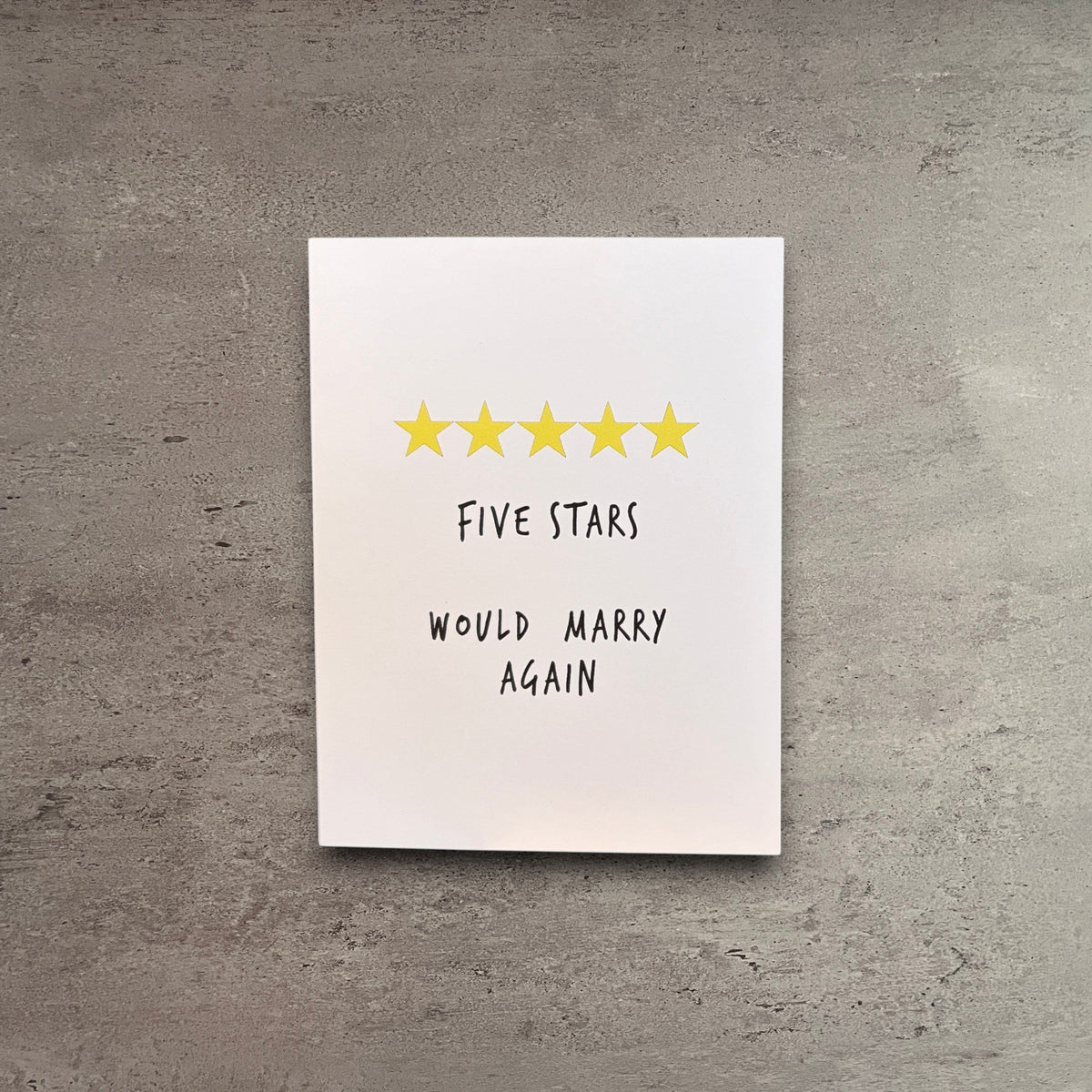 Impish Greetings anniversary card with five yellow stars and the text Five Stars Would Marry Again on white cardstock