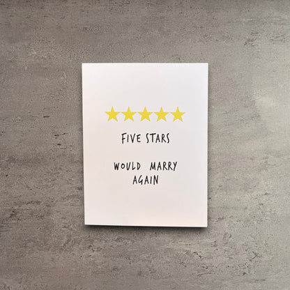 Impish Greetings anniversary card with five yellow stars and the text Five Stars Would Marry Again on white cardstock