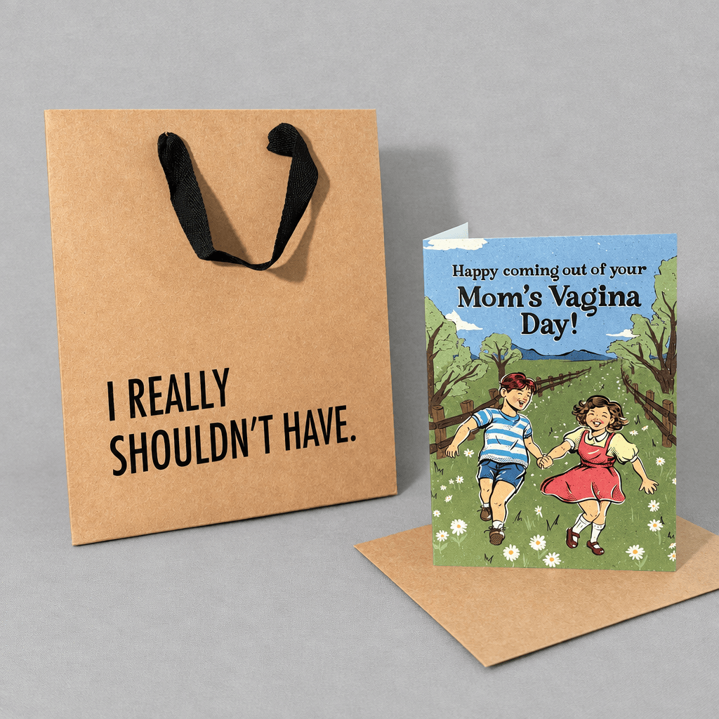 Impish Greetings birthday card with vintage illustration of children in a field and a matching kraft gift bag.