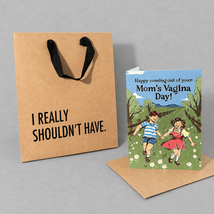 Impish Greetings birthday card with vintage illustration of children in a field and a matching kraft gift bag.
