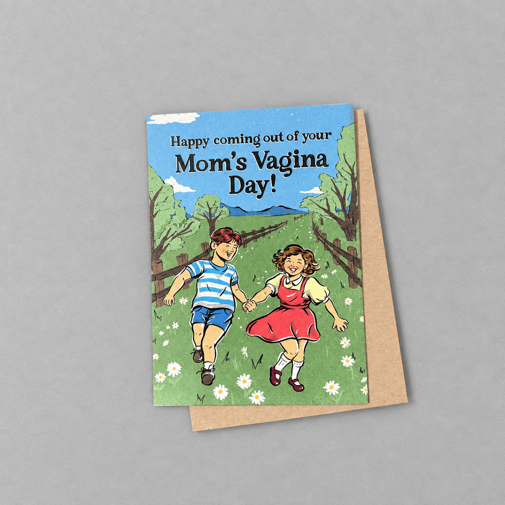 Impish Greetings birthday card featuring vintage-style illustration of children running in a field with funny text.
