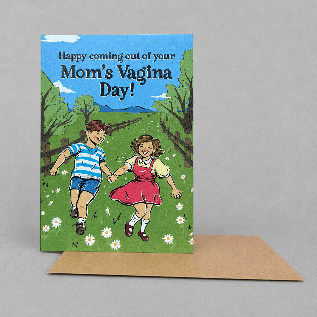 Impish Greetings birthday card featuring a vintage illustration of children playing in a field with humorous text.