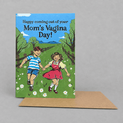 Impish Greetings birthday card featuring a vintage illustration of children playing in a field with humorous text.