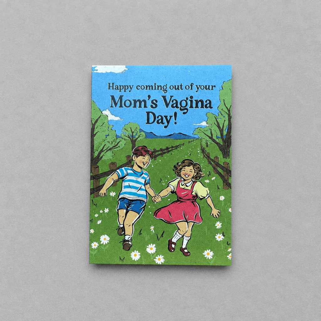Impish Greetings funny birthday card with vintage illustration of children playing in a field on matte card stock.