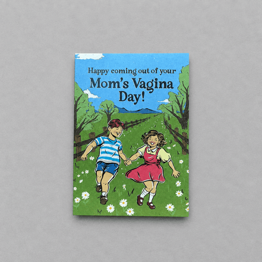 Impish Greetings funny birthday card with vintage illustration of children playing in a field on matte card stock.