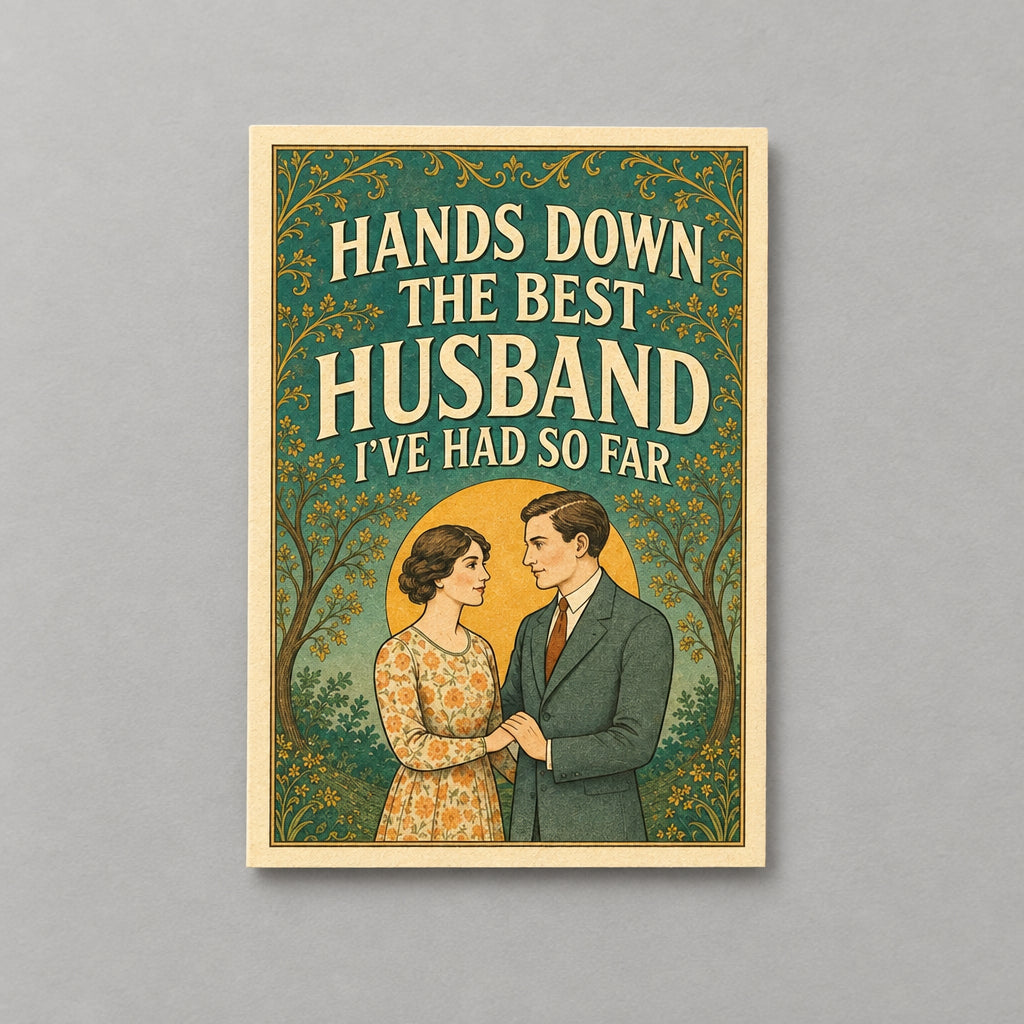 Impish Greetings funny anniversary card featuring a vintage couple illustration and the text Best Husband So Far
