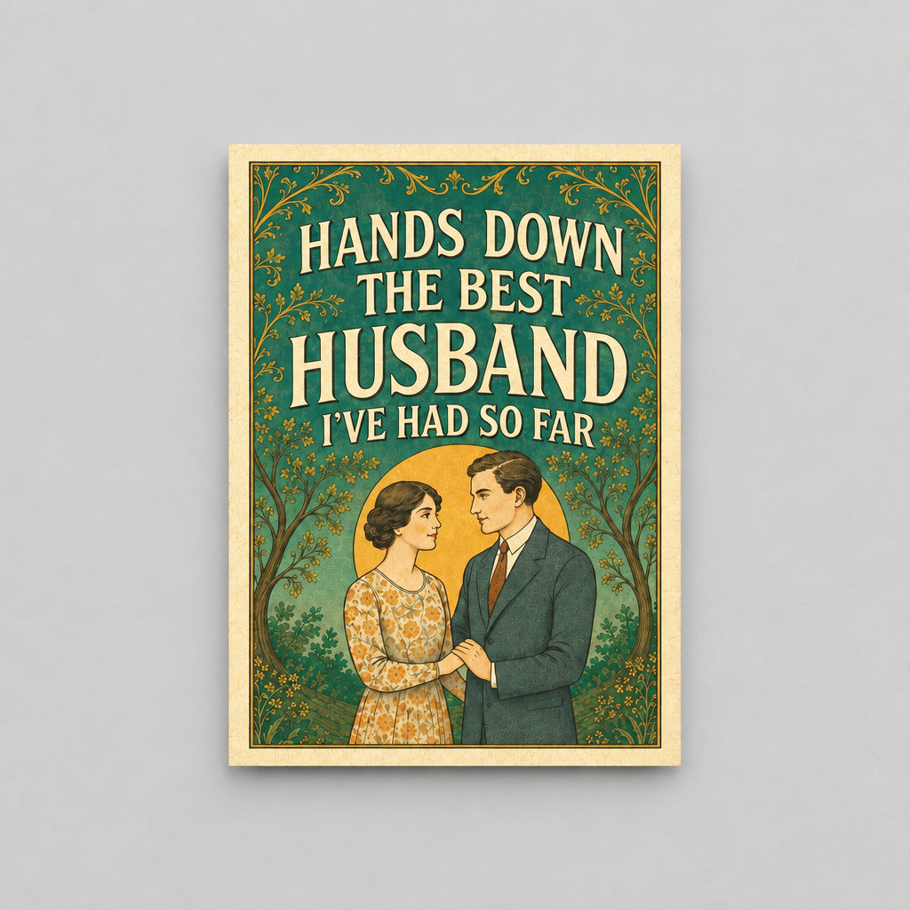 Impish Greetings vintage-style anniversary card featuring a couple and the text Hands down the best husband I've had