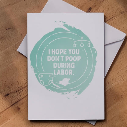Impish Greetings funny baby shower card with mint green circular design and text I hope you don't poop during labor