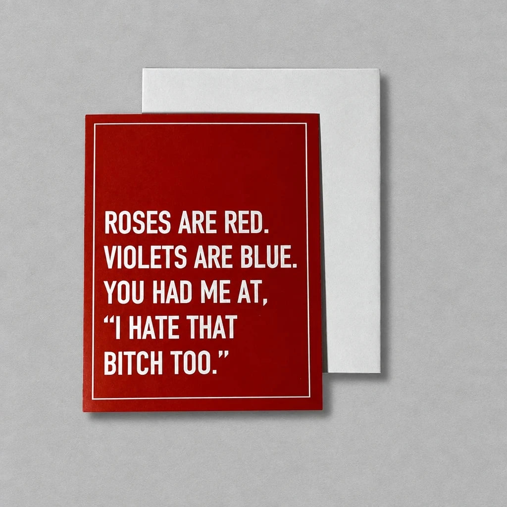 Impish Greetings I Hate That Bitch Too card in red with white text and a matching white envelope.