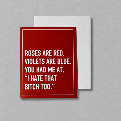 Impish Greetings I Hate That Bitch Too card in red with white text and a matching white envelope.