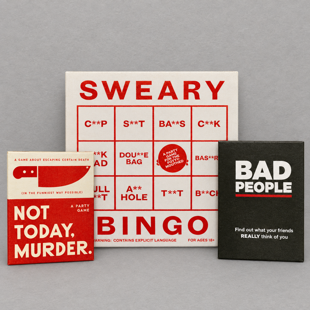 Impish Greetings Game On Bundle featuring Not Today Murder, Sweary Bingo, and Bad People adult party games.