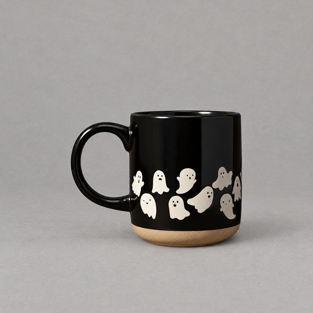 Impish Greetings black stoneware coffee mug featuring a white ghost pattern and a natural clay base.
