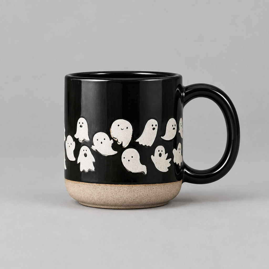 Impish Greetings black stoneware coffee mug featuring a white ghost pattern and a natural textured base.