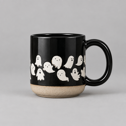 Impish Greetings black stoneware coffee mug featuring a white ghost pattern and a natural textured base.