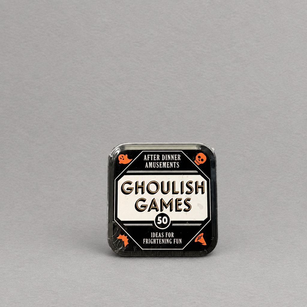 Impish Greetings Ghoulish Games card deck in a black square tin with orange and white spooky themed illustrations.