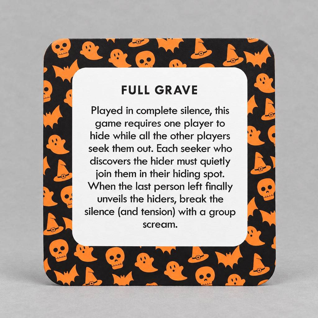 Impish Greetings Ghoulish Games card featuring the Full Grave game instructions with a black and orange spooky border