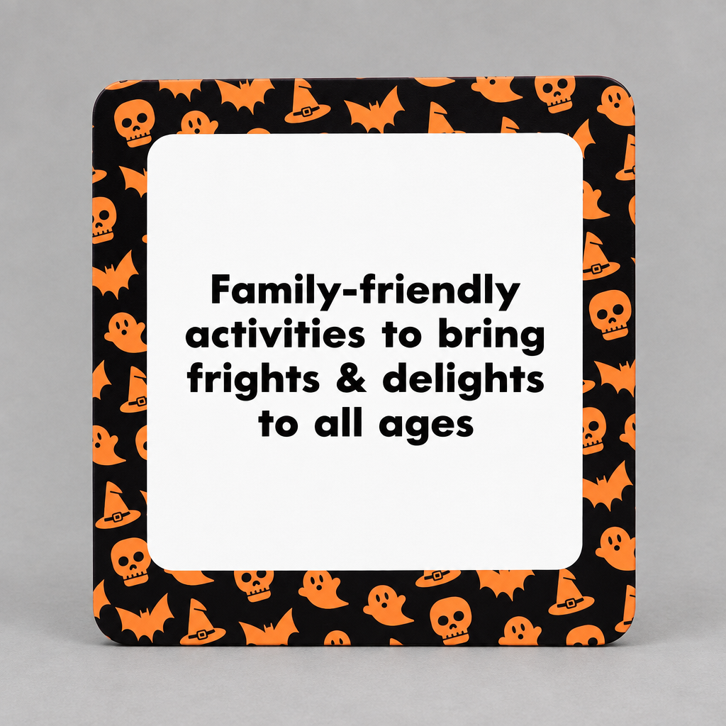 Impish Greetings Ghoulish Games book featuring a square cover with orange skulls, ghosts, and bats on black.