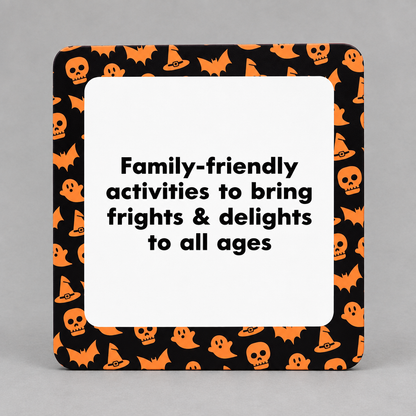 Impish Greetings Ghoulish Games book featuring a square cover with orange skulls, ghosts, and bats on black.