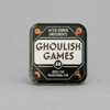 Impish Greetings Ghoulish Games card deck in a black square tin with orange spooky icons for Halloween party fun