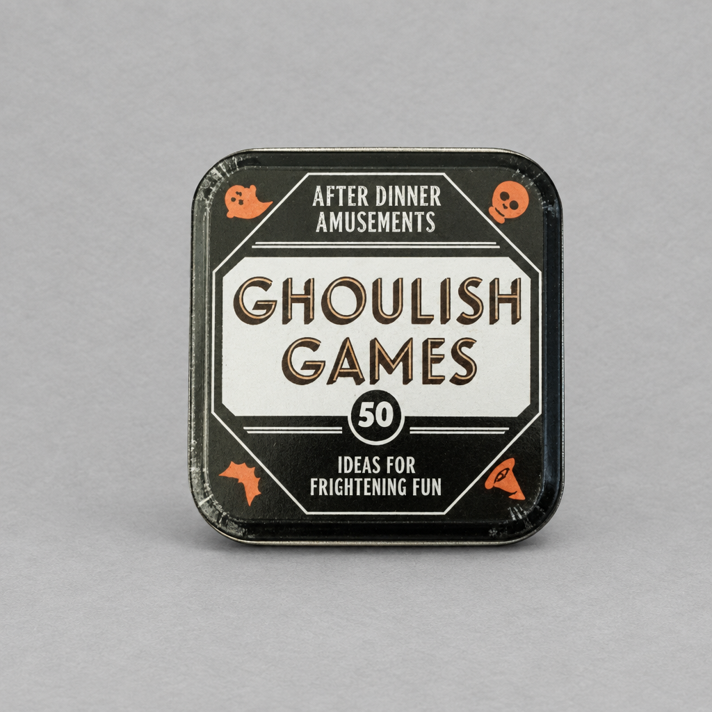 Impish Greetings Ghoulish Games card deck in a black square tin with orange spooky icons for Halloween party fun