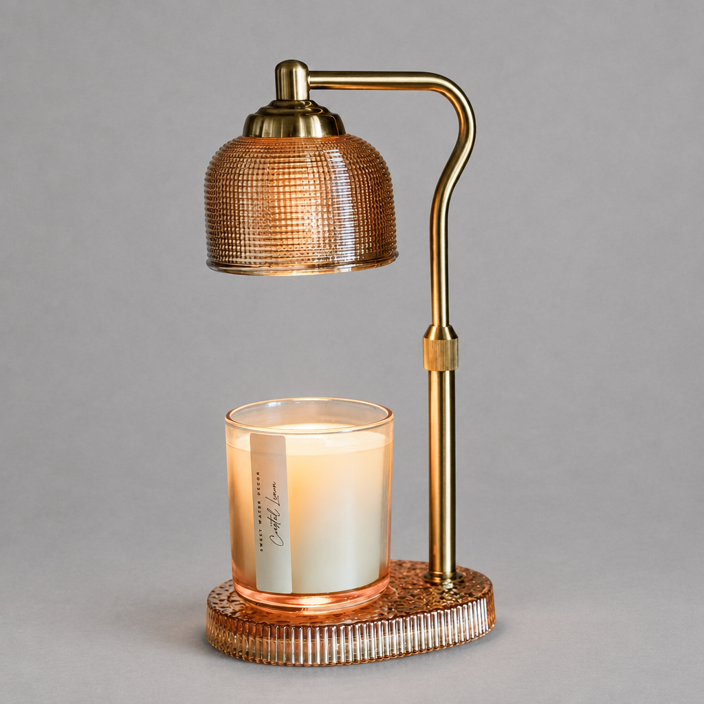 Impish Greetings candle lamp warmer with a gold metal stand and textured amber glass shade heating a scented candle
