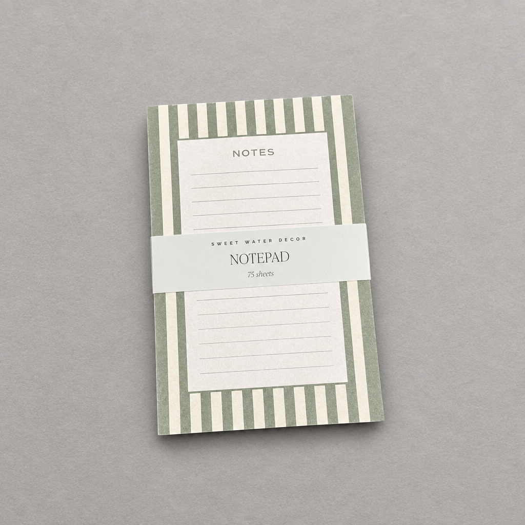 Impish Greetings green striped notepad with 75 lined tear-away pages for desk organization