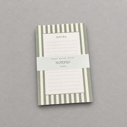 Impish Greetings green striped notepad with 75 lined tear-away pages for desk organization