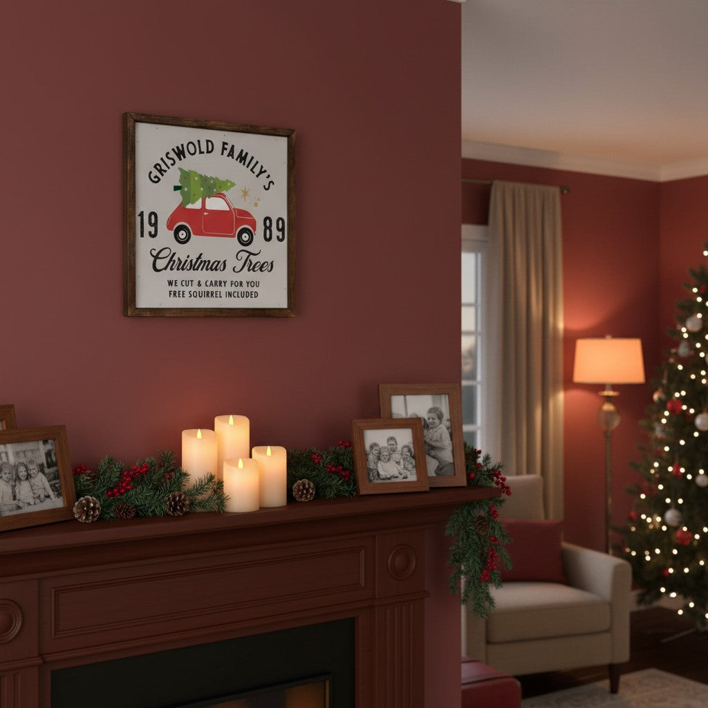 Impish Greetings rustic wood Griswold Family Christmas Trees wall sign hanging above a festive fireplace mantel.
