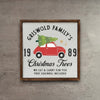 Impish Greetings rustic wood sign featuring a red car with a Christmas tree and Griswold Family text on a wood wall.