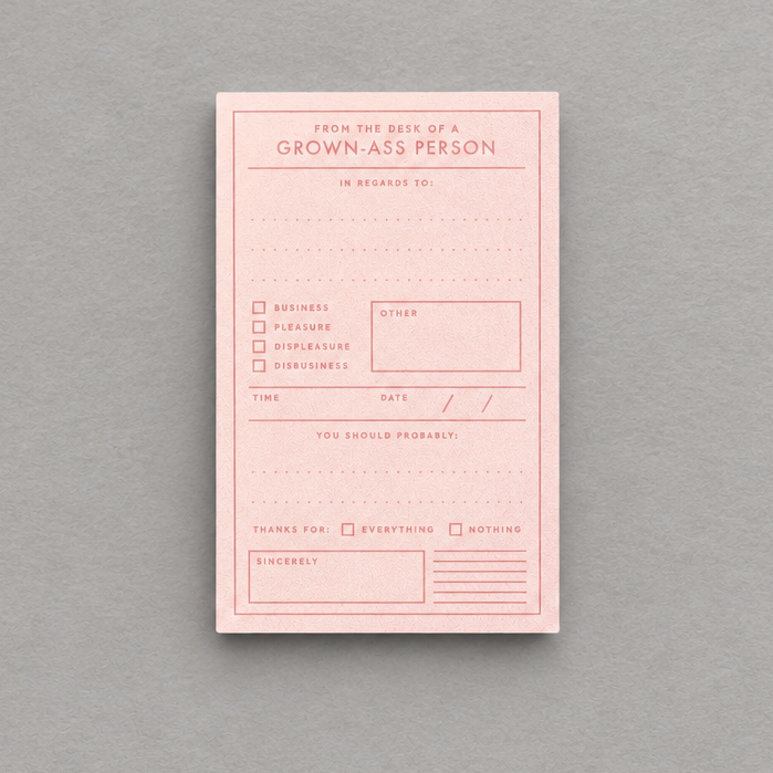 Impish Greetings Grown-ass Person memo pad in light pink with checklist fields for professional and personal notes.