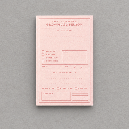Impish Greetings Grown-ass Person memo pad in light pink with checklist fields for professional and personal notes.