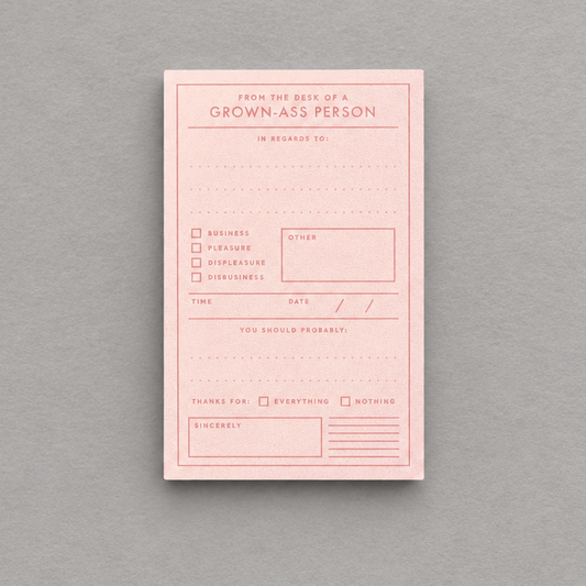 Impish Greetings Grown-ass Person memo pad in light pink with checklist fields for professional and personal notes.